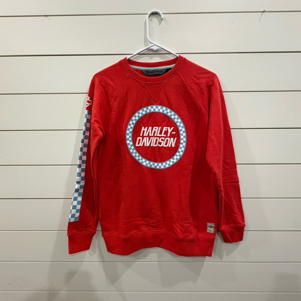 Harley-Davidson Red Crewneck with Blue Checkered Sleeve
